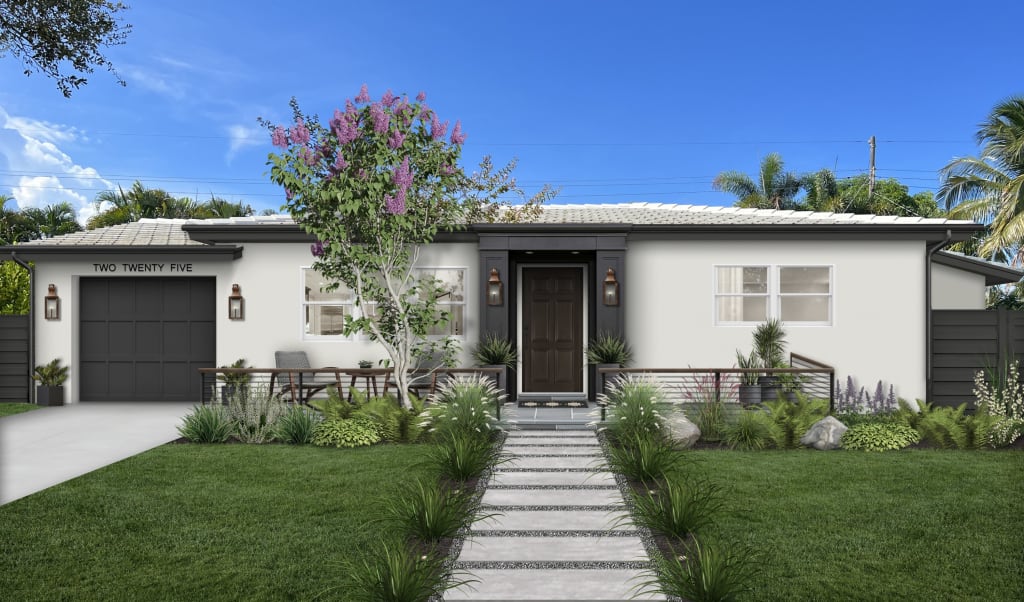 A rendering of a home with an organic modern aesthetic