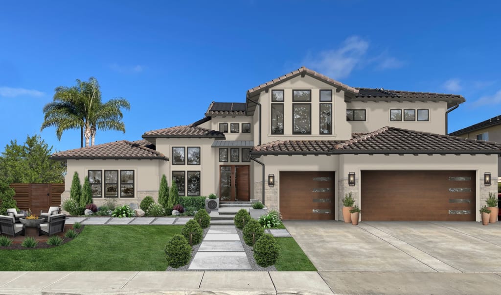 Digital rendering of a home exterior with beige stucco.