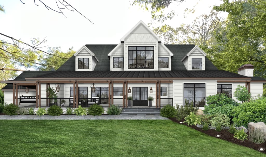 Digital rendering of a home exterior with white siding and wood and metal accents.