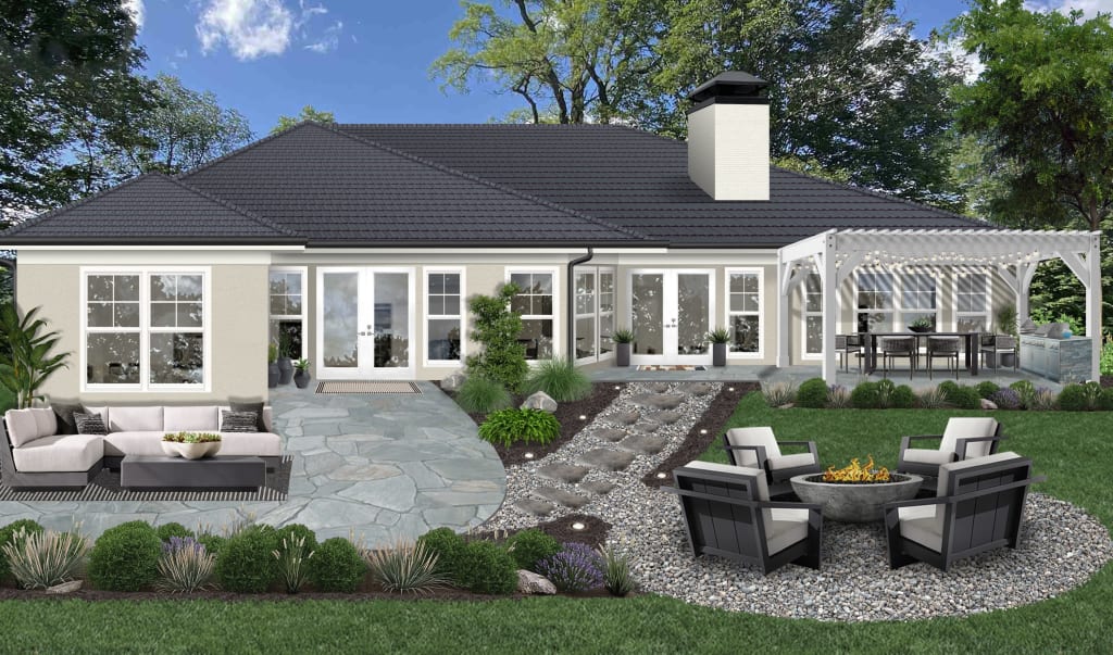 Digital rendering of the back of a home painted in Baby Fawn by Benjamin Moore with white windows and a white pergola.