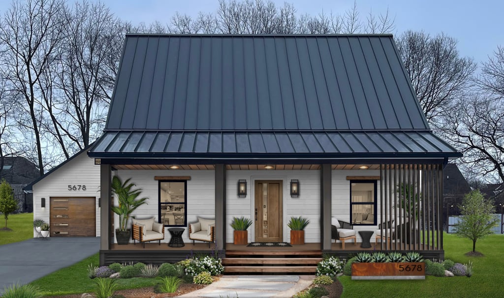 A rendering of a farmhouse industrial style home