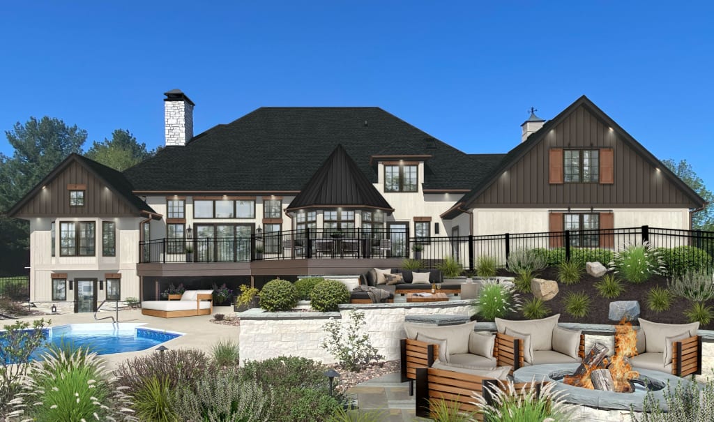 Virtual rendering of the backside of a large home