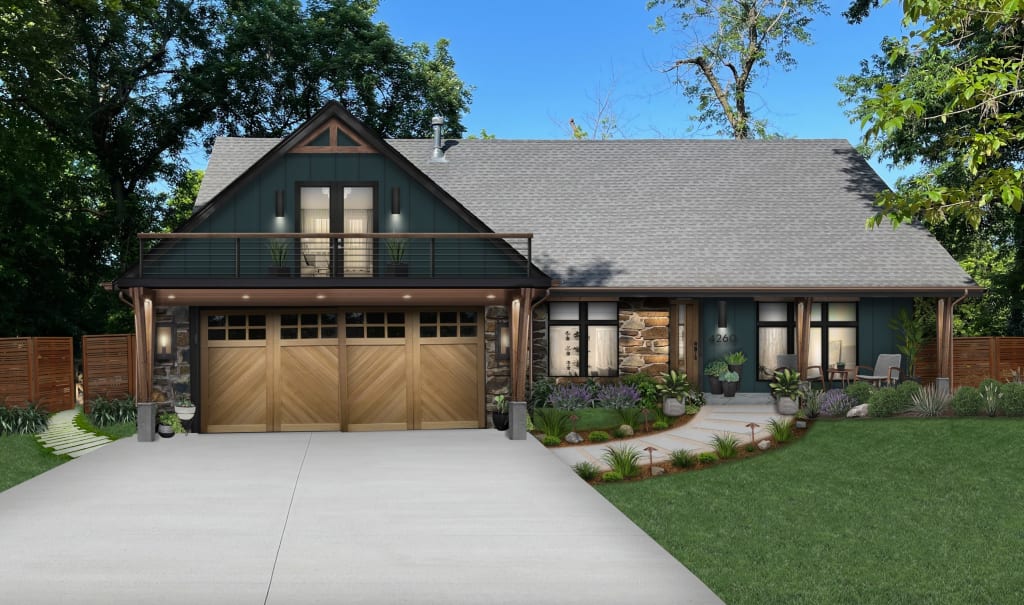 A home rendered in Sherwin Williams' Dark Night — one of our top exterior house colors for 2024