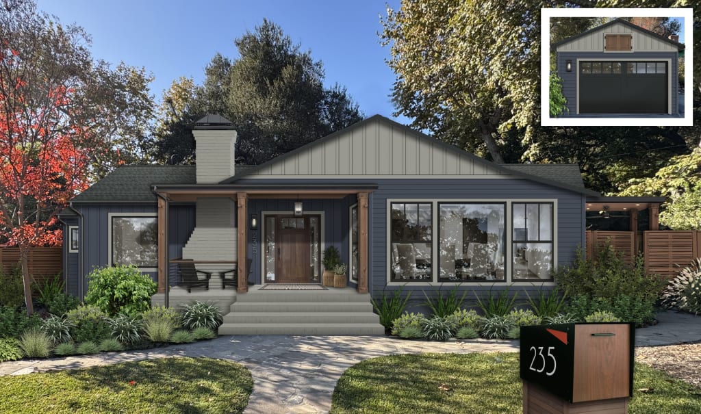 small navy house with gray and wood accents