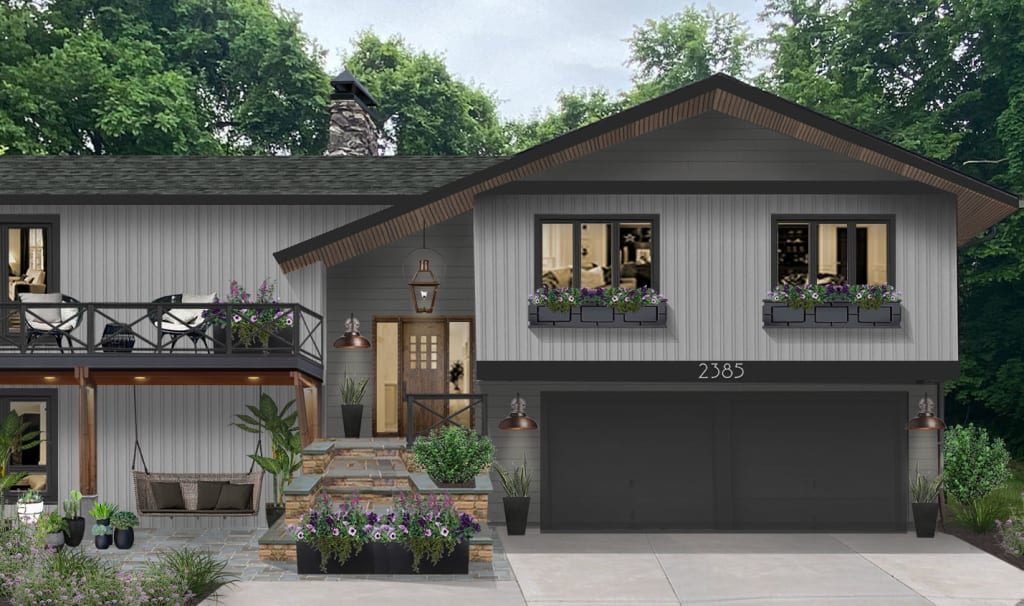 Virtual rendering of a home painting light gray with dark gray accents and an x porch railing