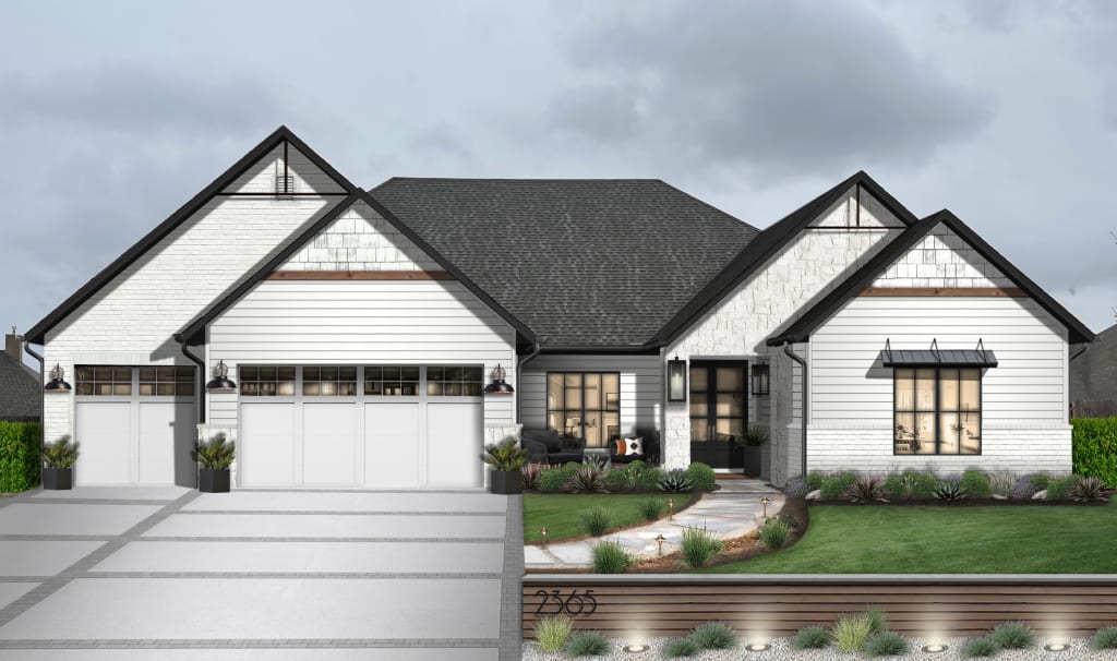 traditional home with white brick and siding using Chantilly Lace Benjamin Moore.