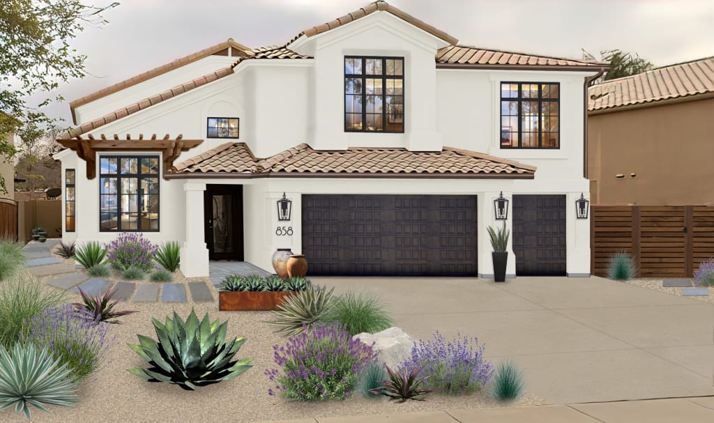 Virtual exterior design of a stucco home with an orange tile roof painted in Seapearl
