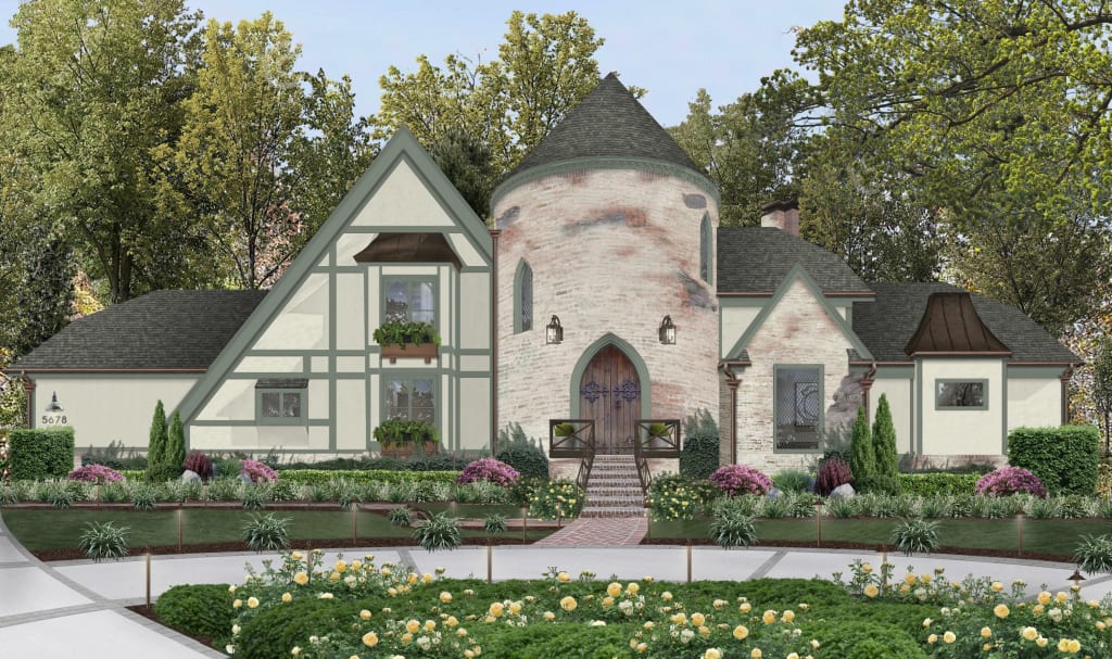 A rendering of a home with unique colored trim, one of the top home exterior design trends 2024 has to offer