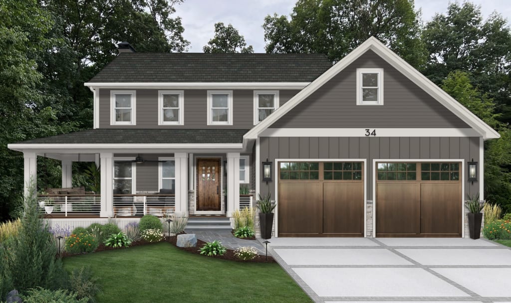 Digital rendering of a traditional farmhouse in Gauntlet Gray with a wood stained front door and white trim