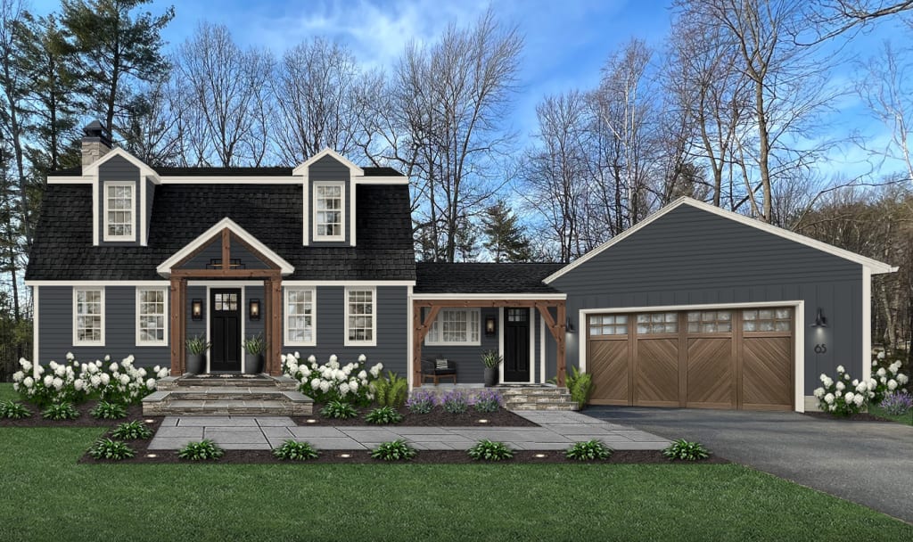 Cape Cod style home with white trim and windows, wood columns, a paver walkway, and black doors.