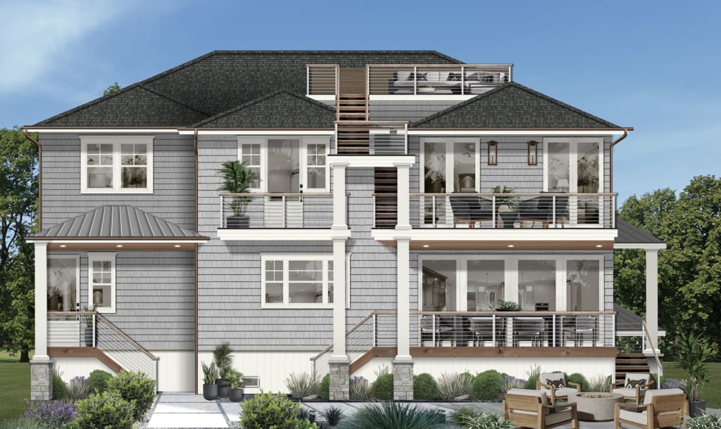 gray house with multi-level deck