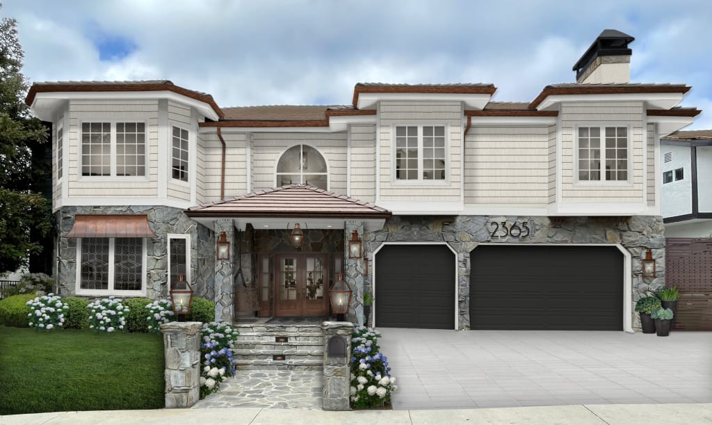 traditional ranch style home with gray stone cladding on the bottom half and a light greige on the top half