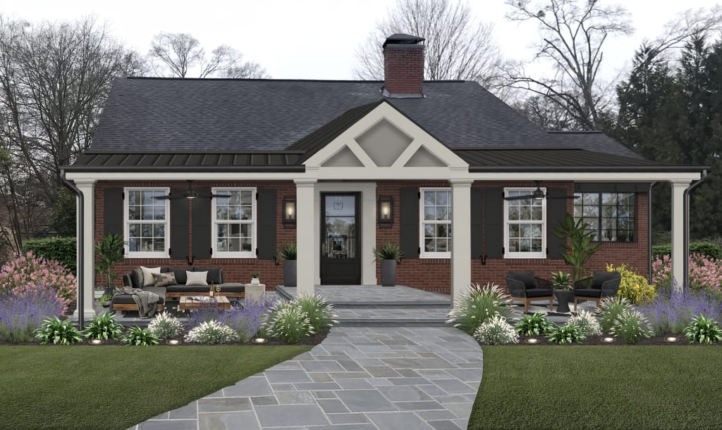 red brick house with greige trim and black front door and shutters