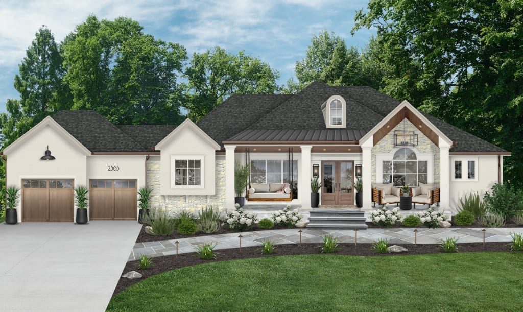 Digital rendering of a traditional style home with a large porch furnished with chairs and a porch swing.