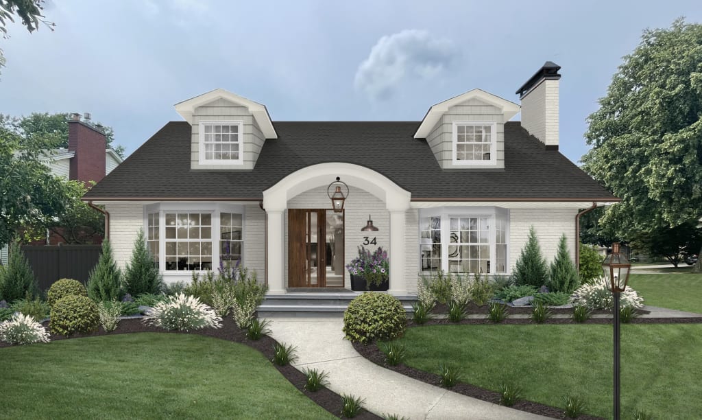 rendering of a home with greige brick and white trim
