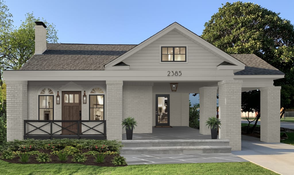 Photorealistic design rendering of a home exterior finished with greige paint and black trim.