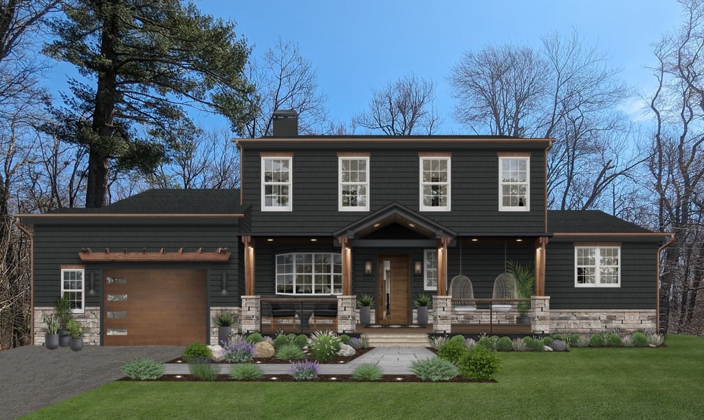 A digital rendering of a modern farmhouse painted in Greenblack by Sherwin Williams.
