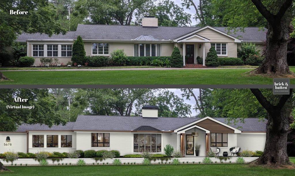 ranch painted in swiss coffee off white paint with large windows, iron door and columns