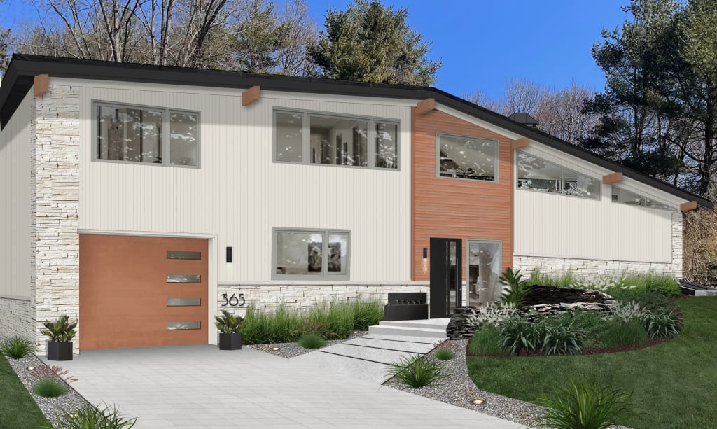 A rendering of a home exterior featuring one of brick&batten's go-to wood stain colors