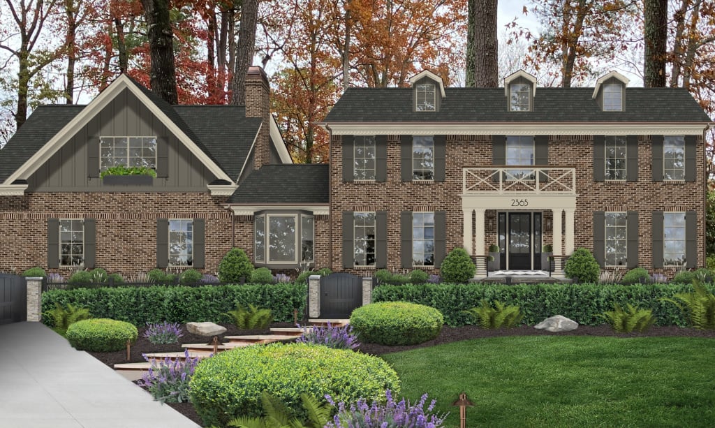 Colonial home virtually designed with a portico in Benjamin Moore's Grant Beige.
