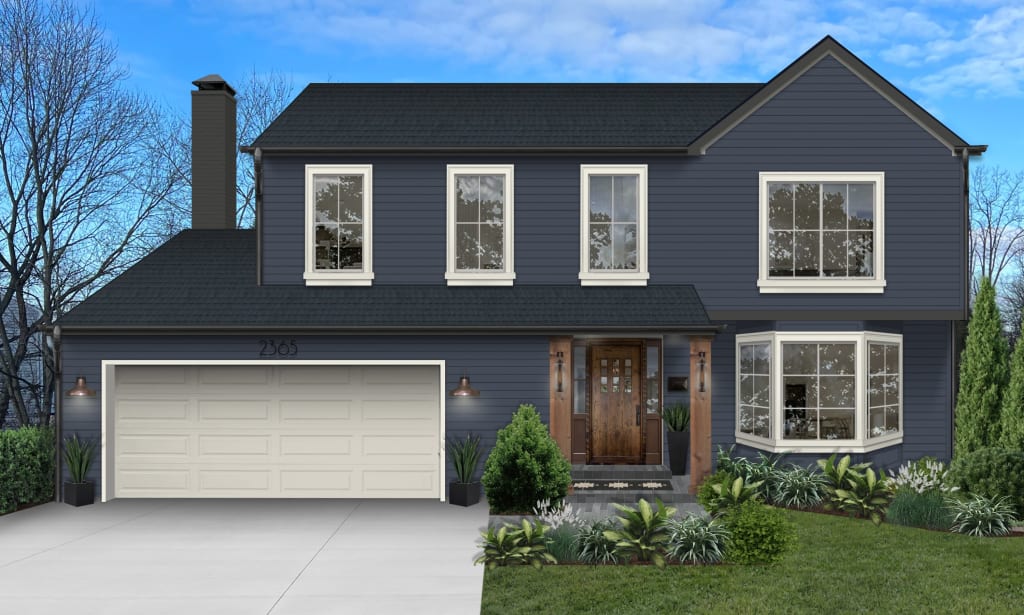 traditional house with navy siding and white trim