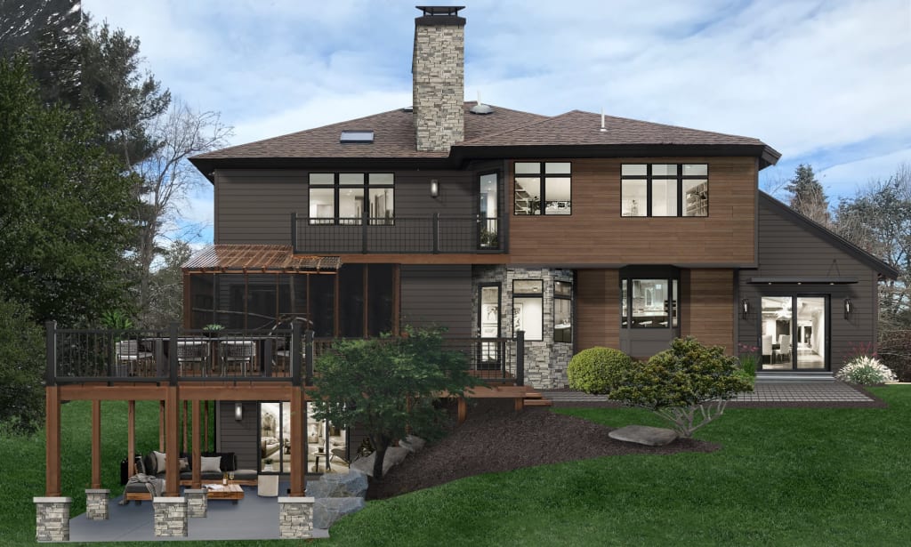 A rendering of the back of a home exterior with a ground-level patio