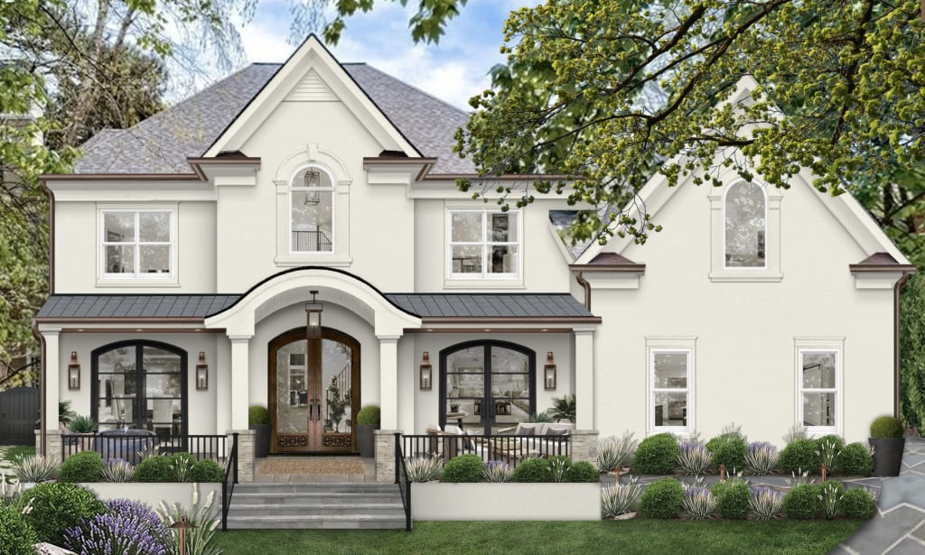 Digital rendering of a two-story home painted with Sherwin Williams Westhighland White, with copper gutters, arched windows, and an arched portico.