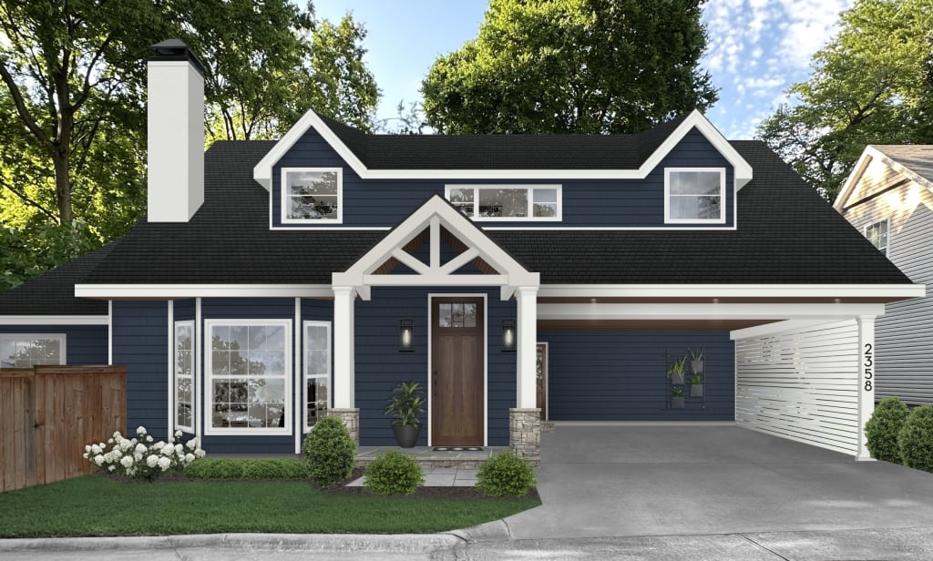navy house with white trim showing the best bold exterior paint colors for 2025