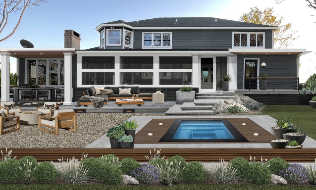 Backyard design with a dipping pool, xeriscaping, and lots of outdoor planters
