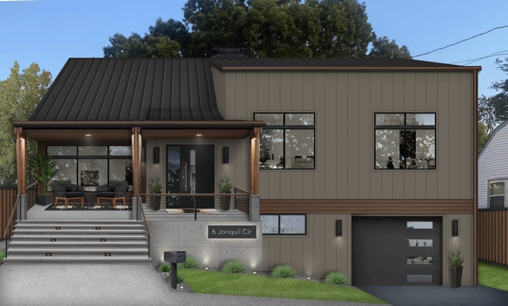 brownish greige house with modern accents