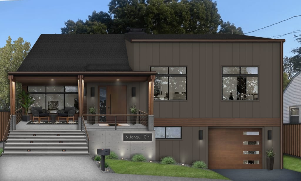 Modern design home exterior with moody brown paint called Midsummer Night, an exterior paint trend for 2025, warm wood accents, and wide staircase to the front porch