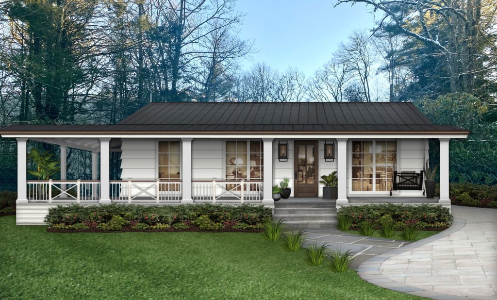 Virtual exterior design of a ranch home with a large porch, painted in Simply White