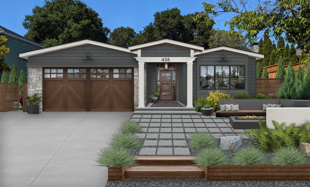 A charming one-story home with Peppercorn cladding and Origami White accents