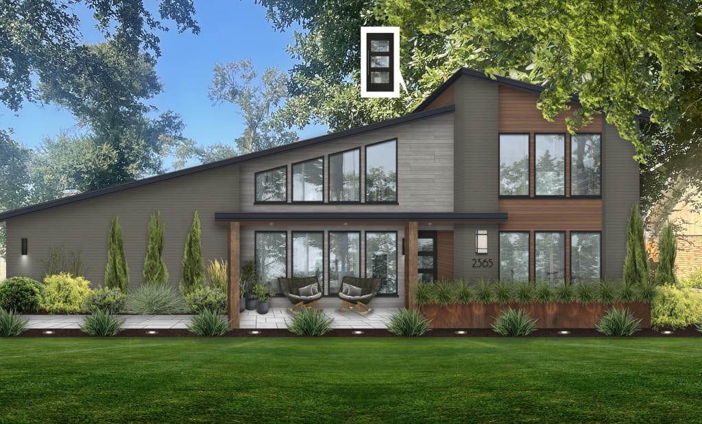 Virtual exterior design of a contemporary home featuring built-in landscaping lights