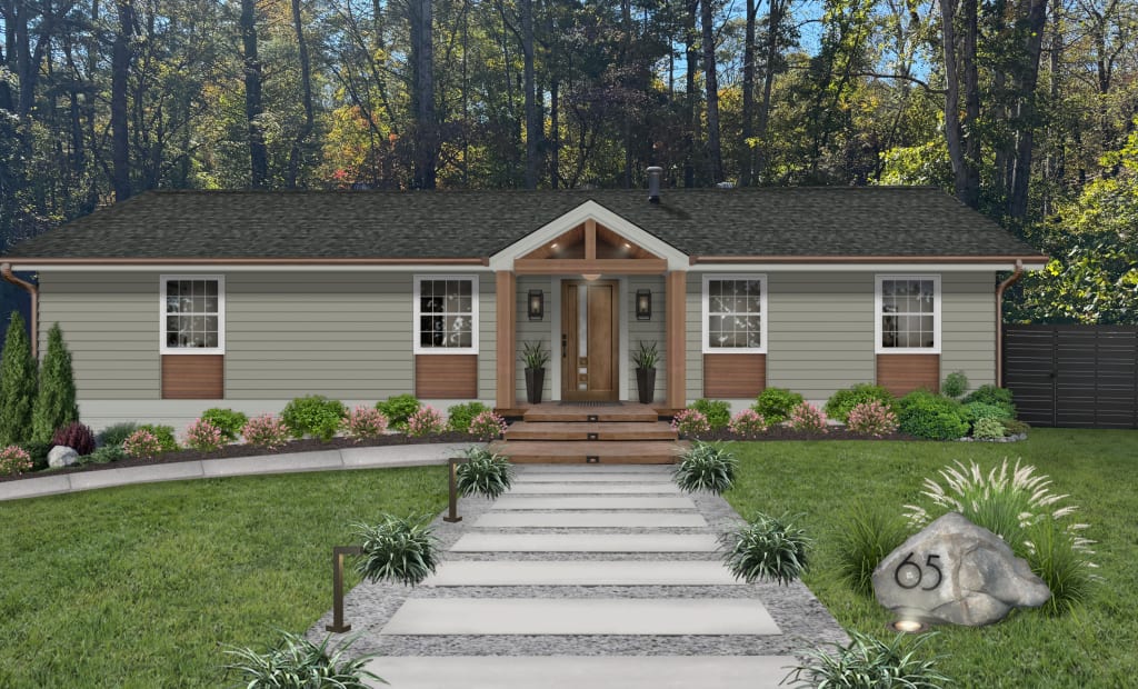 A small home with white widows, a stone and paver walkway, thick wood columns, and recessed porch lighting.