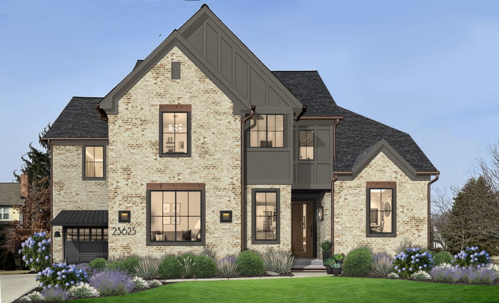 A rendering of a home with limewashed brick