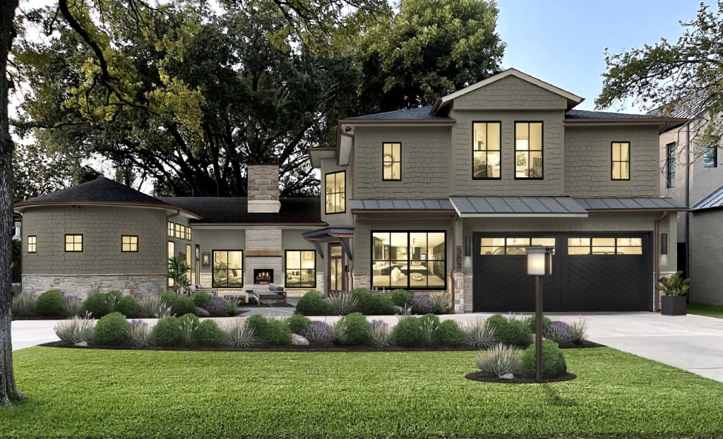 Two-story home with a black garage door, black windows, stone skirting, and a lounge area by an outdoor fireplace.
