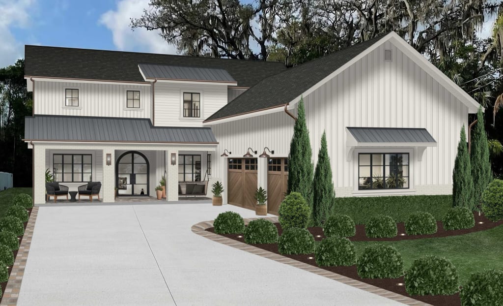 Traditional white house with board and batten siding showing a trending 2025 paint color called Sun Bleached by Sherwin Williams