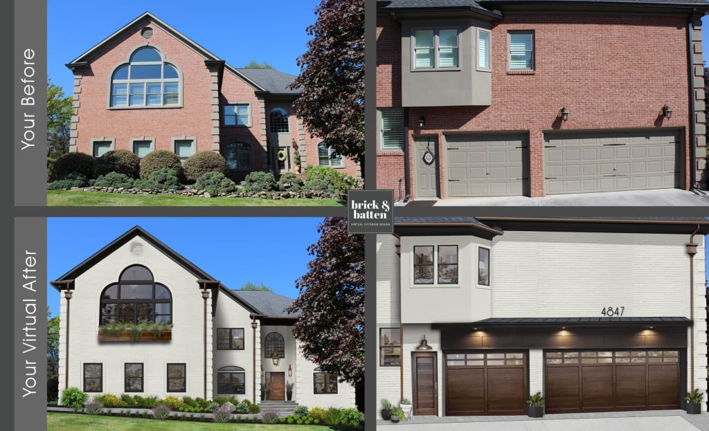 before and after image of a large brick spanish style home painted white with large windows and garage