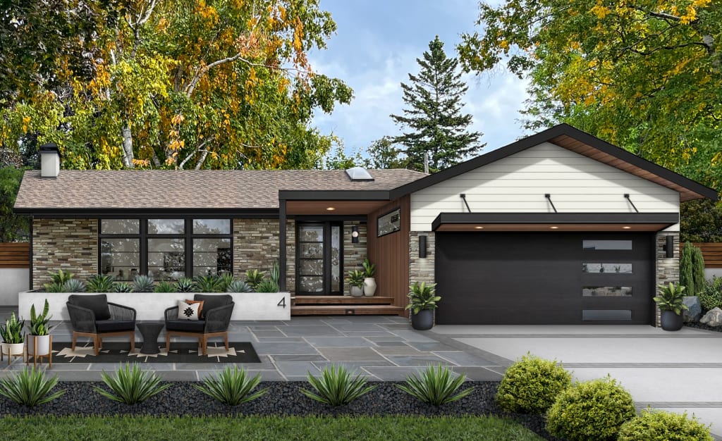 modern ranch with stone, ipe siding, and white siding