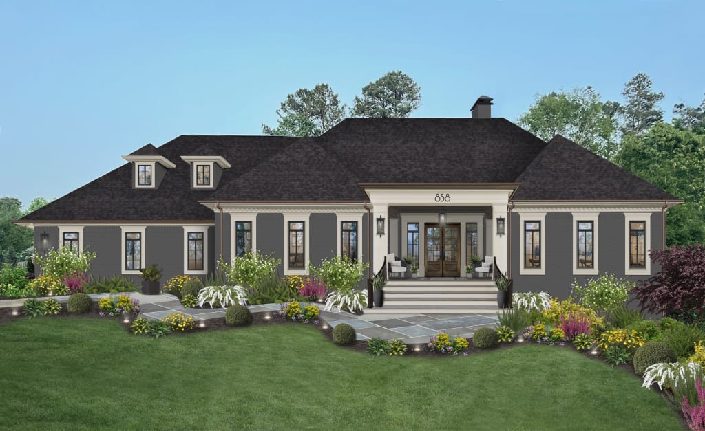 A dark gray brick house exterior