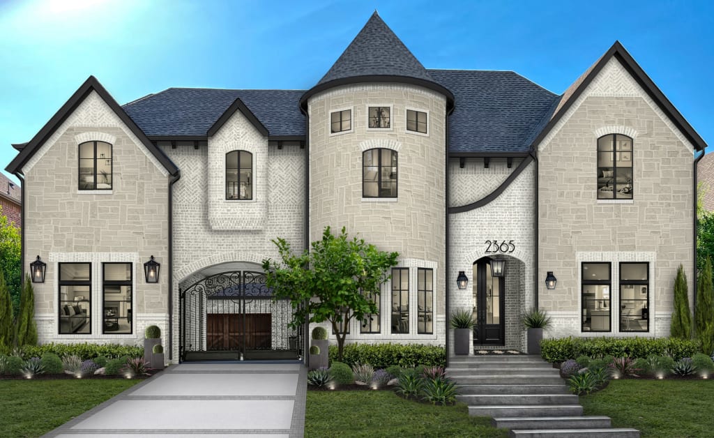 large home with limewash brick and greige painted stone