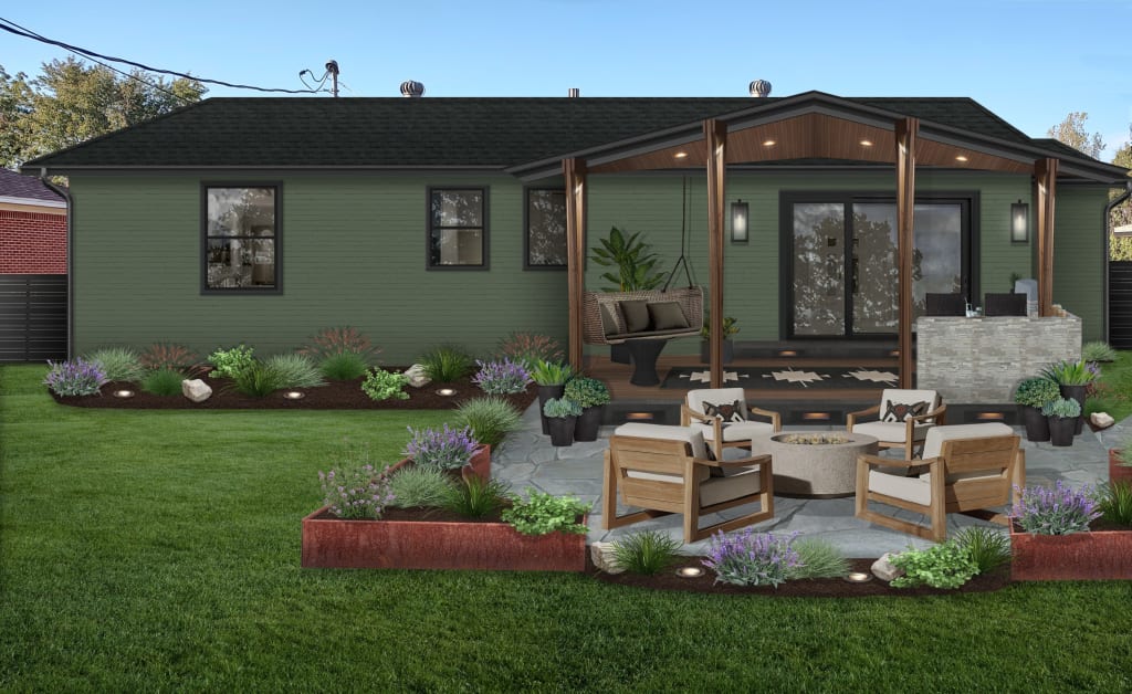 Rendering of a backyard with stone patio, fire pit, and plush outdoor furniture.