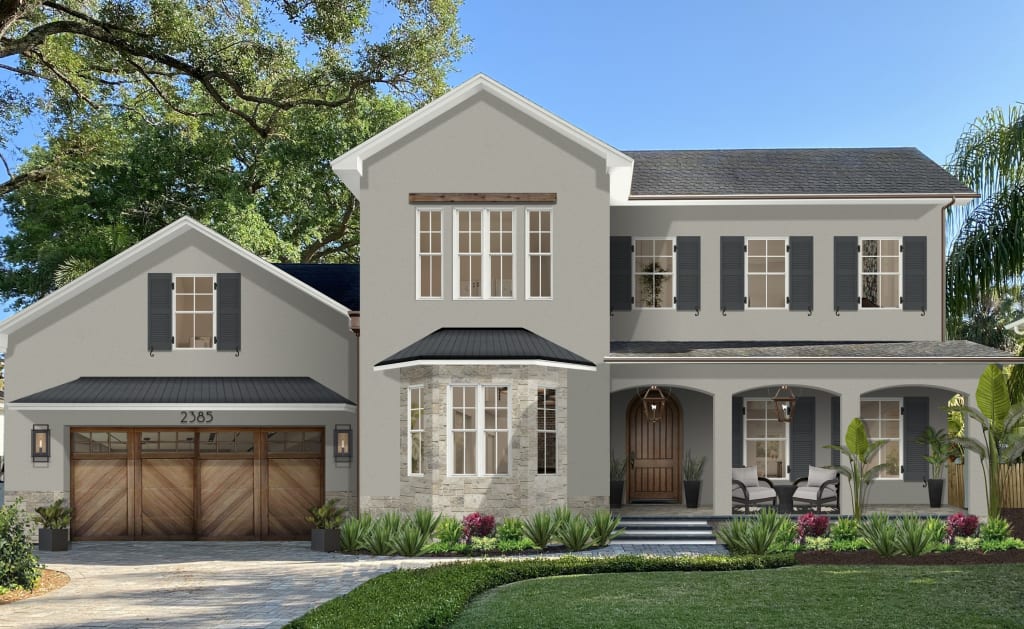 Traditional two-story home rendered in Cape May Cobblestone by Benjamin Moore