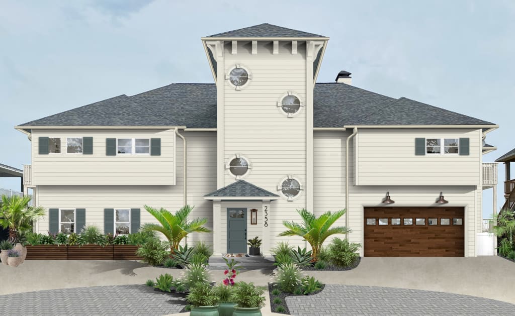 off-white house with green shutters and wood garage door