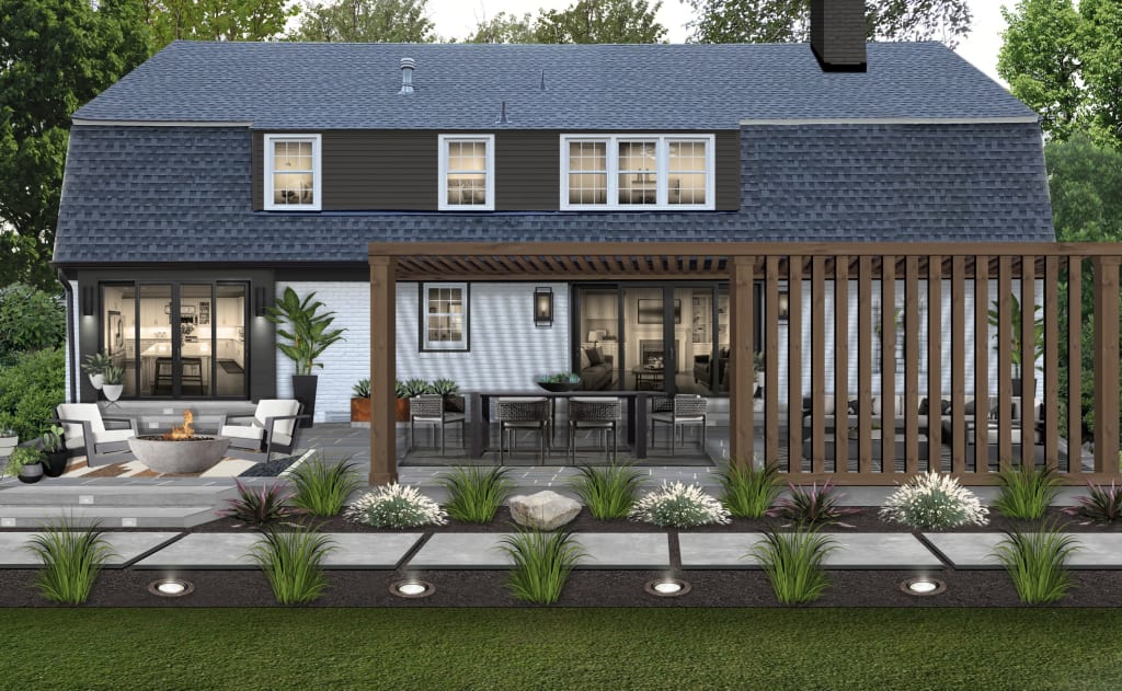 backyard hardscape with a wood pergola above the outdoor lounge areas