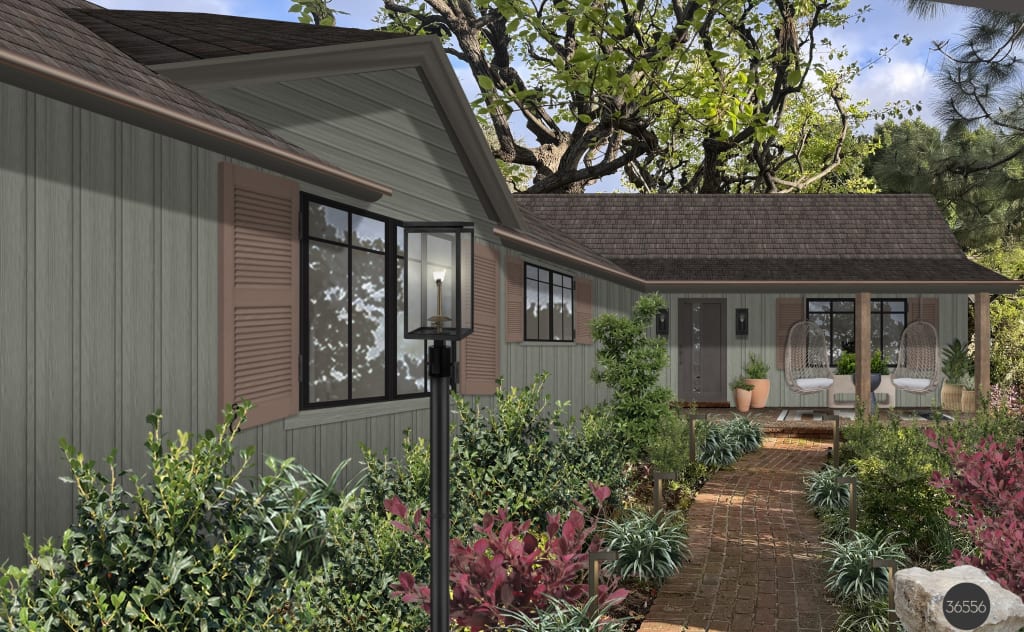 A rendering of a home exterior with small patio furniture