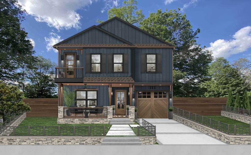 Navy blue home with dark gray shutters and wooden accents