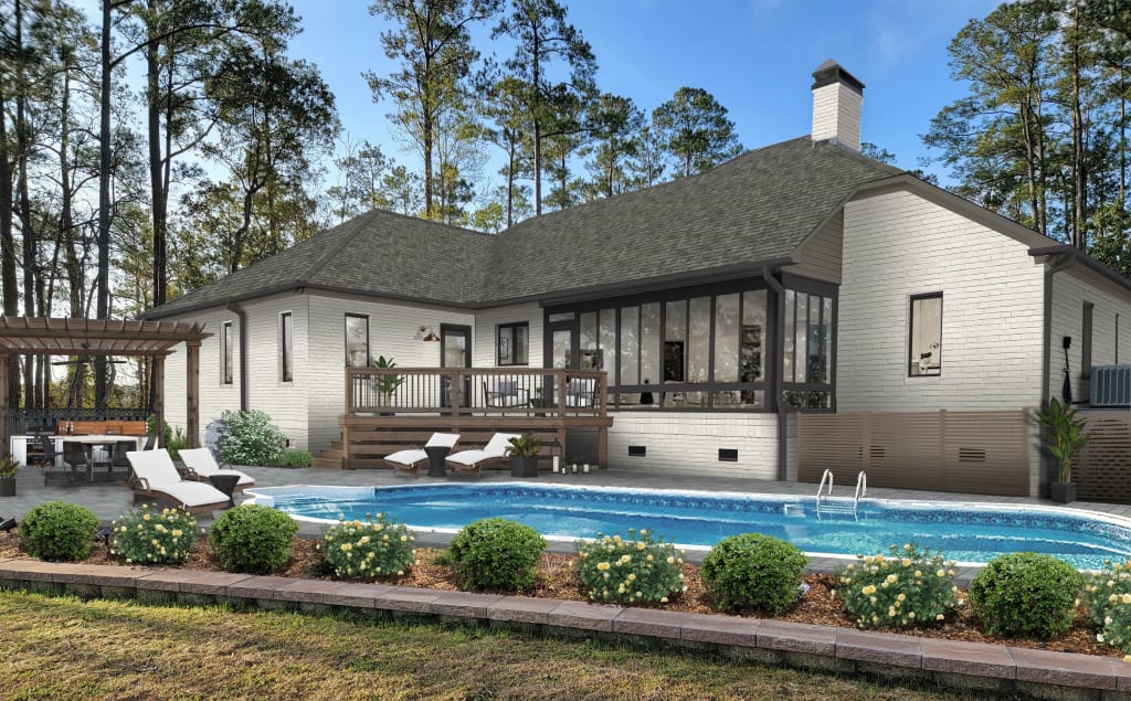 white brick house with an outdoor kitchen and pool