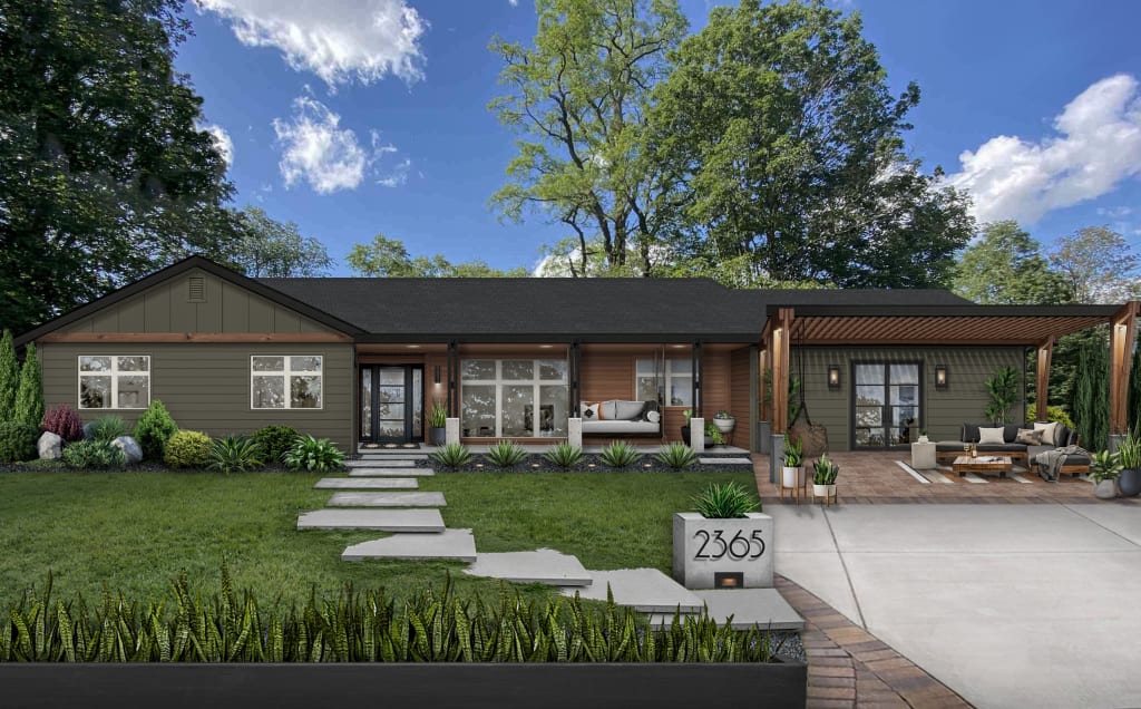 One-story ranch home with wood stained pergola, stepping stone walkway, and wood cladding.